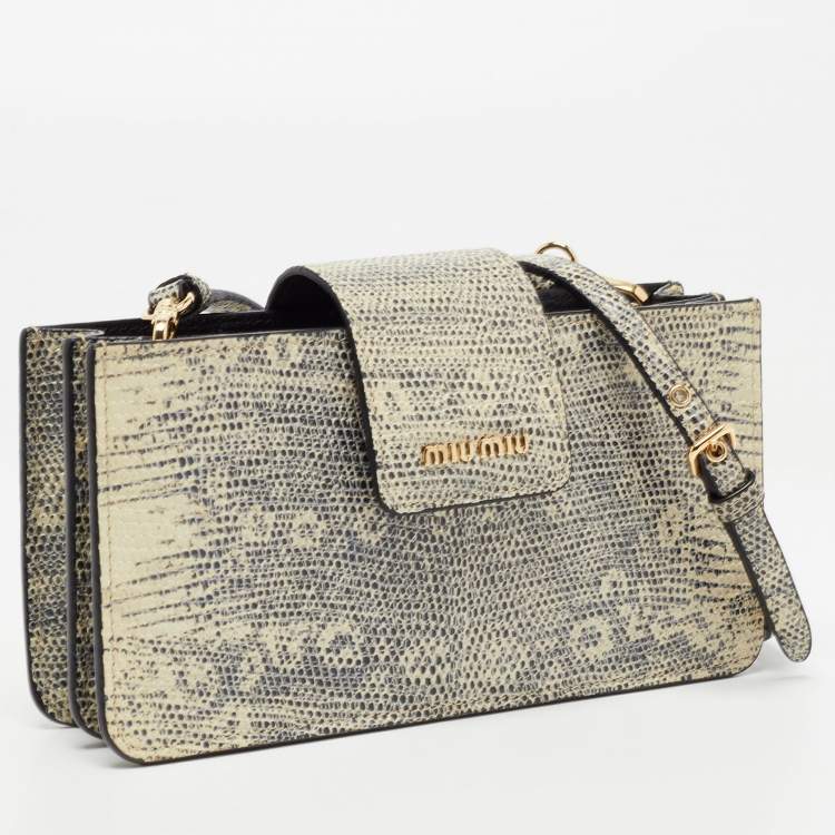Pre Owned Miu Miu Beige/Black Lizard Embossed Leather Crossbody Bag