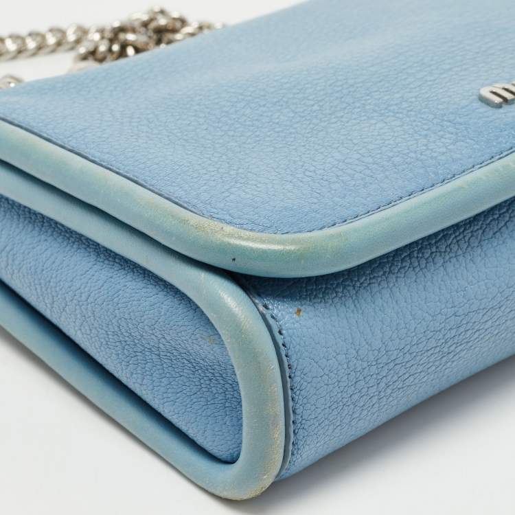 Pre Owned Miu Miu Light Blue Leather Flap Chain Shoulder Bag