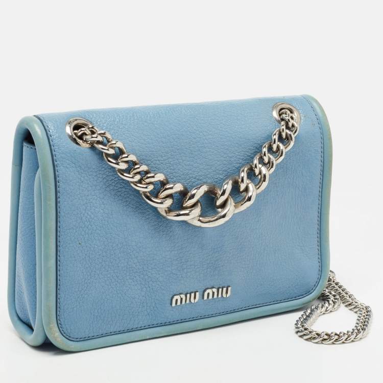 Pre Owned Miu Miu Light Blue Leather Flap Chain Shoulder Bag