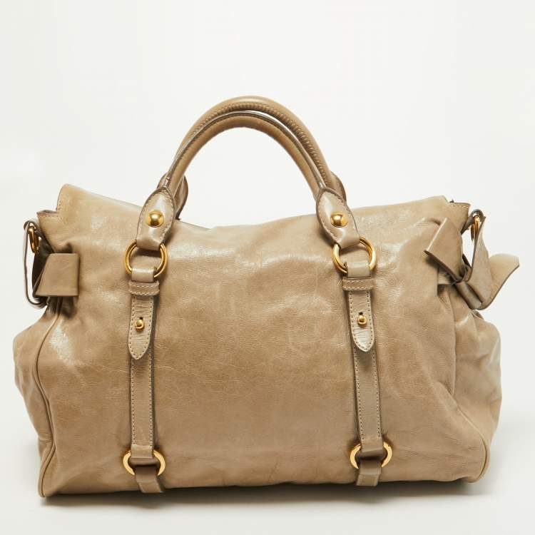 Pre Owned Miu Miu Olive Green Vitello Lux Leather Bow Bag