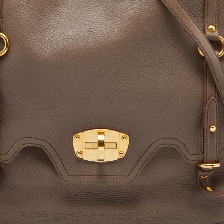 Pre Owned Miu Miu Taupe Grey Leather Turnlock Flap Satchel