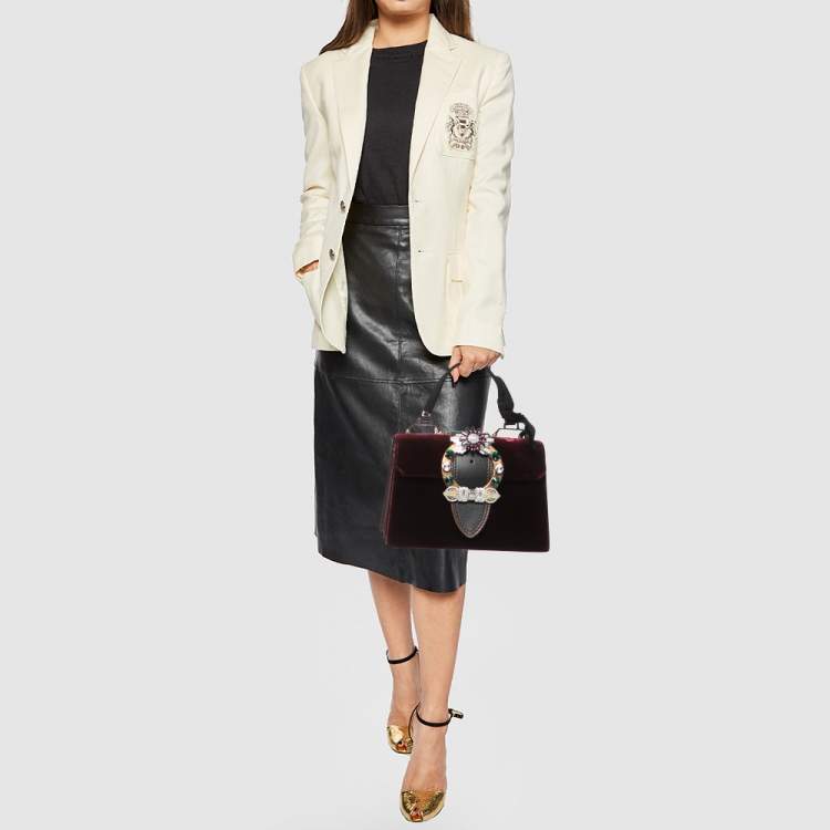 Pre Owned Miu Miu Burgundy Velvet and Patent Leather Crystal Embellished Flap Top Handle Bag