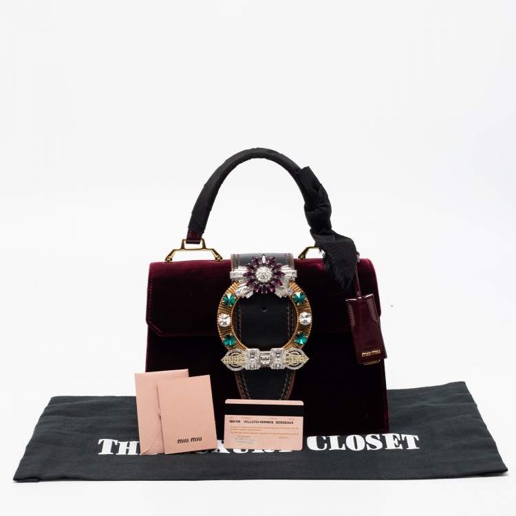 Pre Owned Miu Miu Burgundy Velvet and Patent Leather Crystal Embellished Flap Top Handle Bag