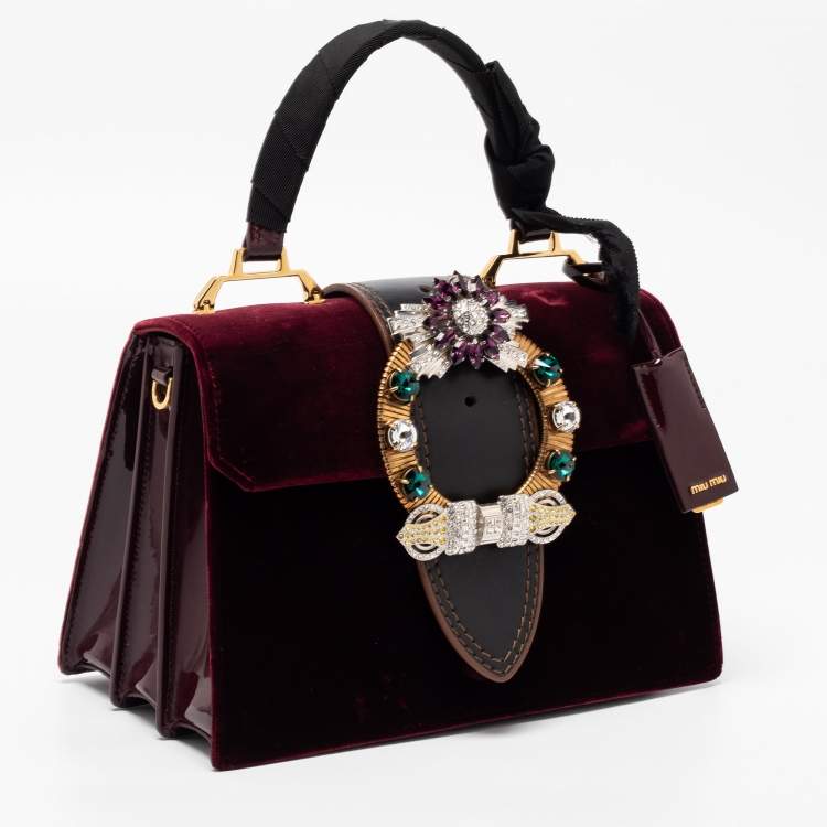 Pre Owned Miu Miu Burgundy Velvet and Patent Leather Crystal Embellished Flap Top Handle Bag