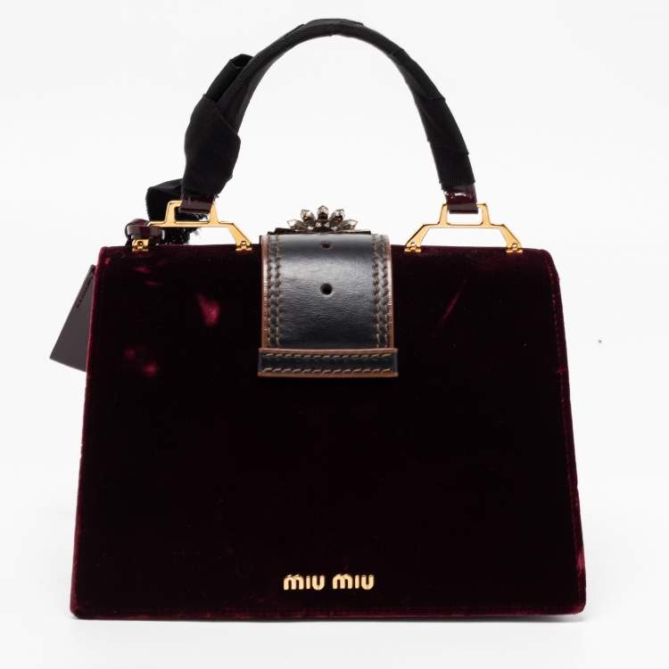 Pre Owned Miu Miu Burgundy Velvet and Patent Leather Crystal Embellished Flap Top Handle Bag