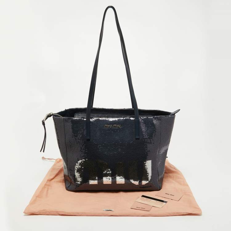 Pre Owned Miu Miu Blue/Silver Sequin Logo Shopper Tote