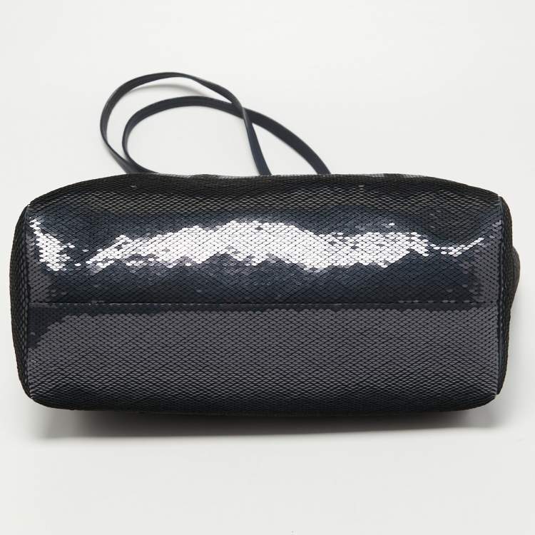 Pre Owned Miu Miu Blue/Silver Sequin Logo Shopper Tote