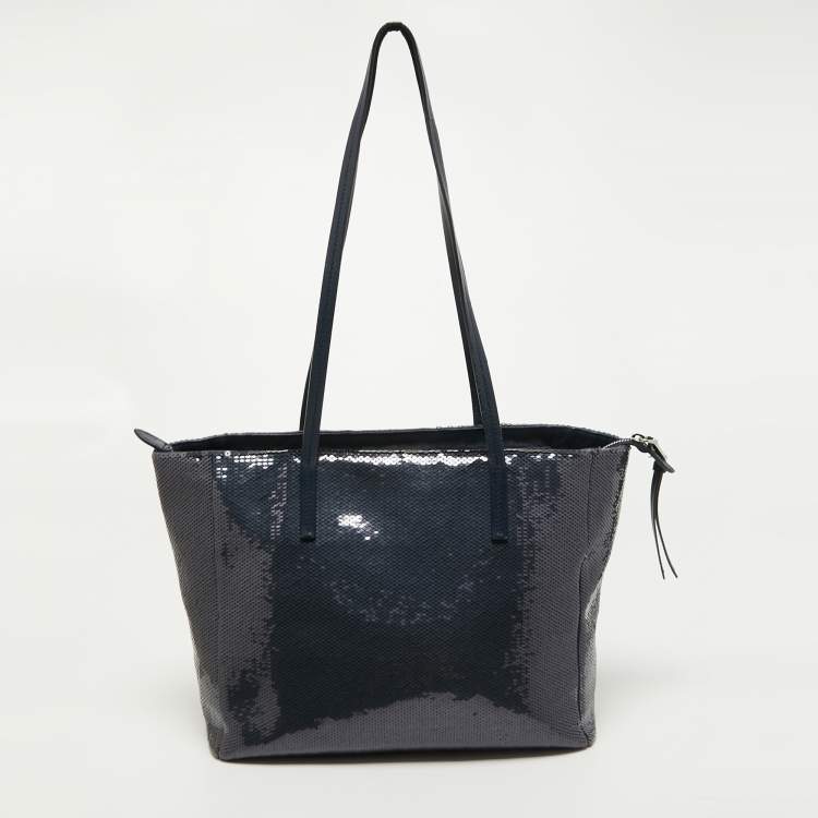 Pre Owned Miu Miu Blue/Silver Sequin Logo Shopper Tote