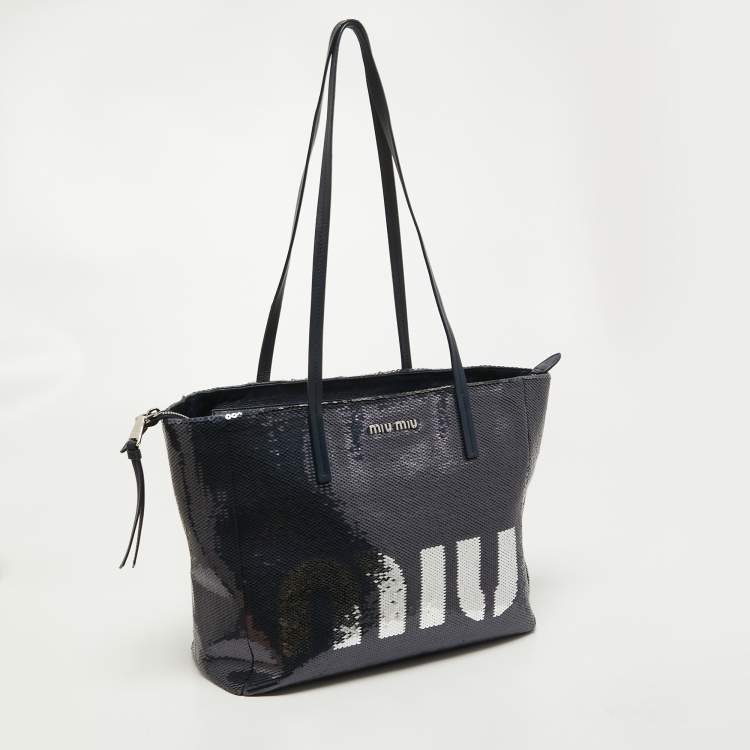 Pre Owned Miu Miu Blue/Silver Sequin Logo Shopper Tote
