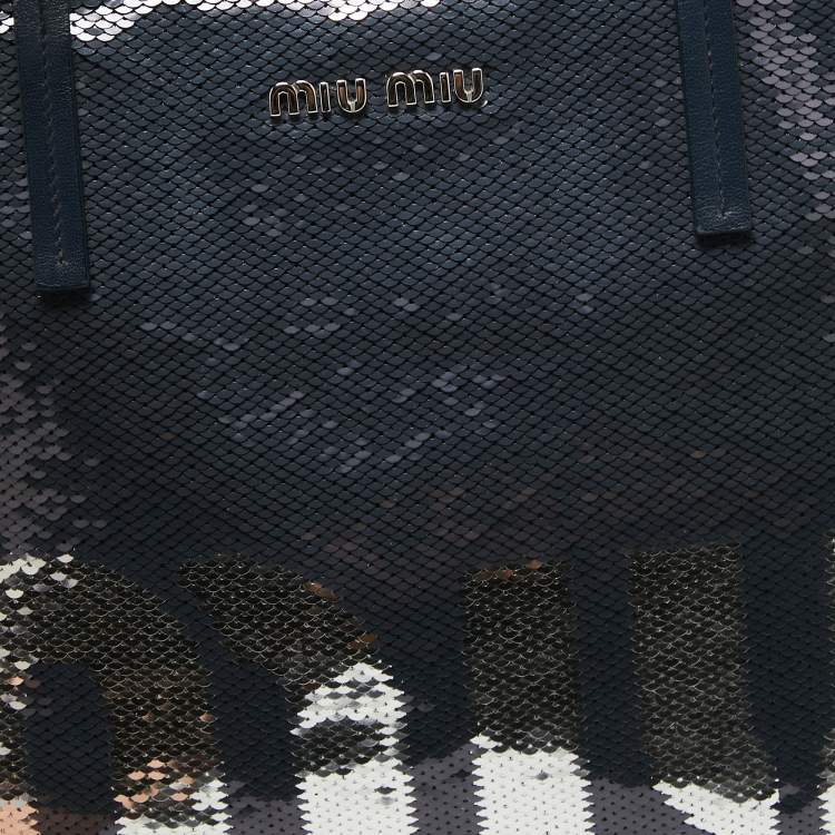 Pre Owned Miu Miu Blue/Silver Sequin Logo Shopper Tote