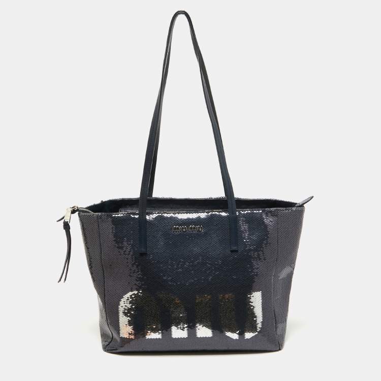 Pre Owned Miu Miu Blue/Silver Sequin Logo Shopper Tote