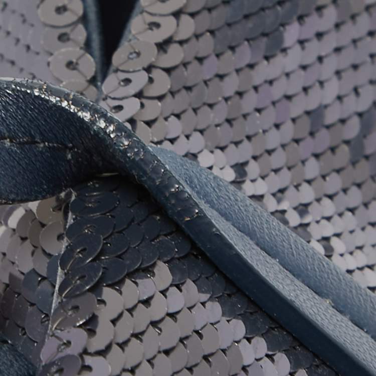 Pre Owned Miu Miu Blue/Silver Sequin Logo Shopper Tote
