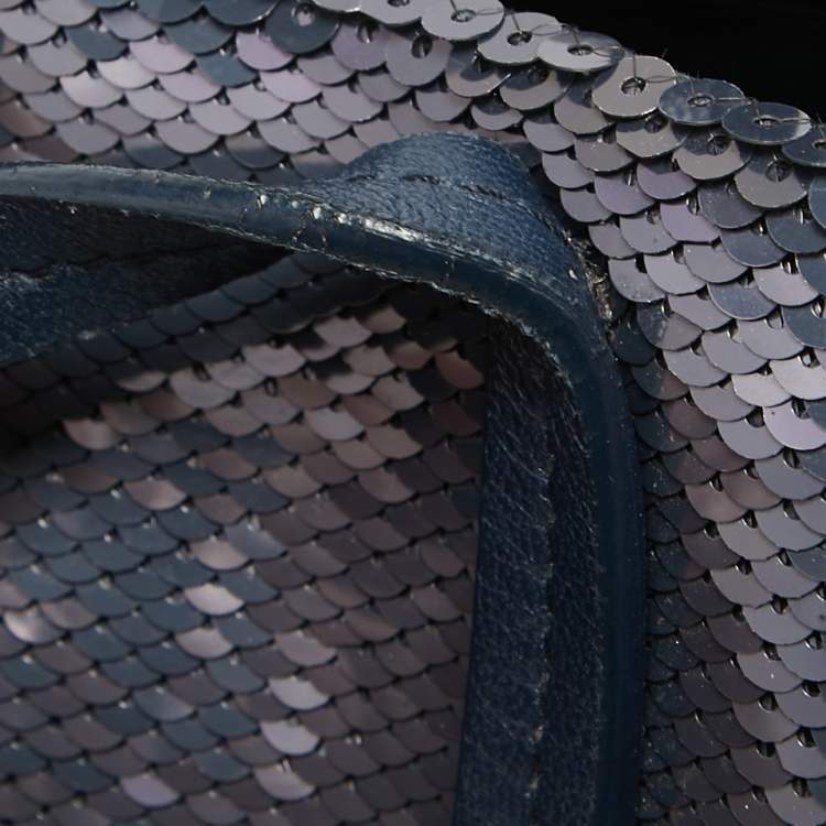 Pre Owned Miu Miu Blue/Silver Sequin Logo Shopper Tote