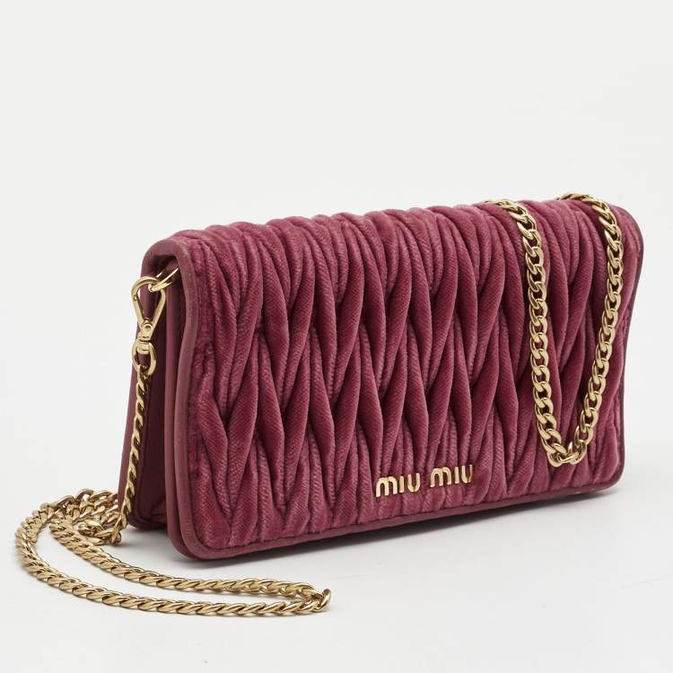 Pre Owned Miu Miu Pink Matelasse Velevt and Leather Wallet on Chain