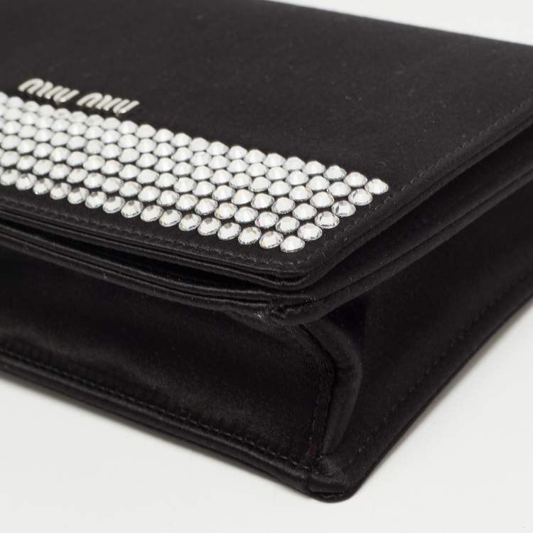 Pre Owned Miu Miu Black Satin Crystals Embellished Flap Clutch Bag