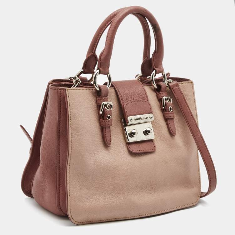 Pre Owned Miu Miu Two Tone Pink Madras Leather Pushlock Tote