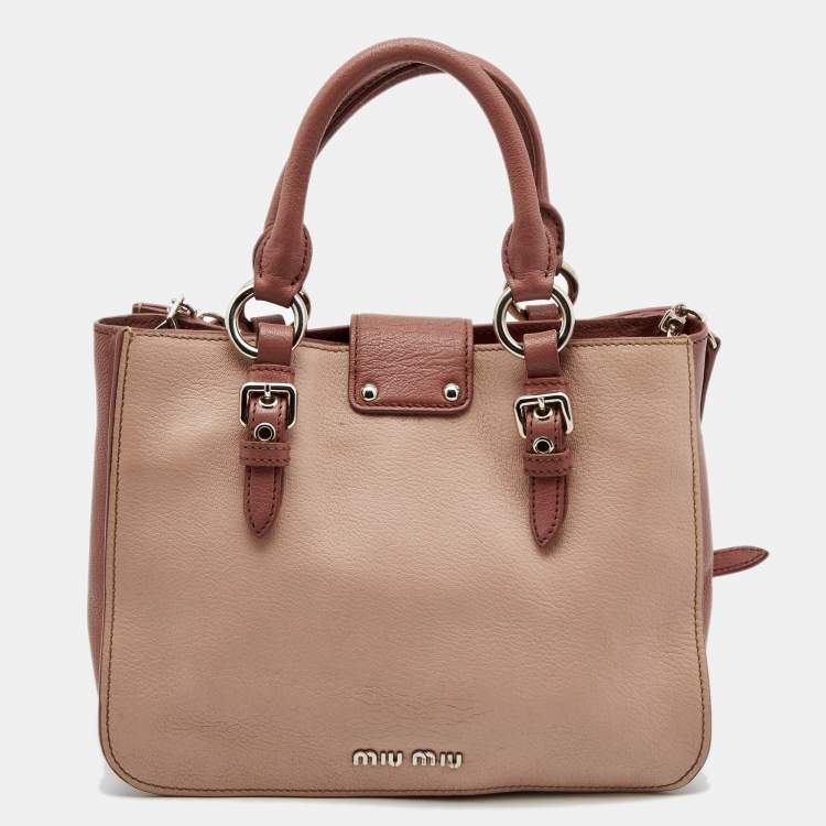 Pre Owned Miu Miu Two Tone Pink Madras Leather Pushlock Tote