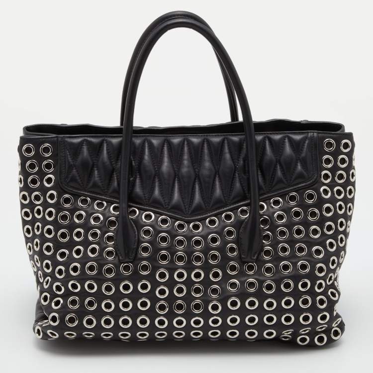 Pre Owned Miu Miu Black Leather Grommet Biker Tote