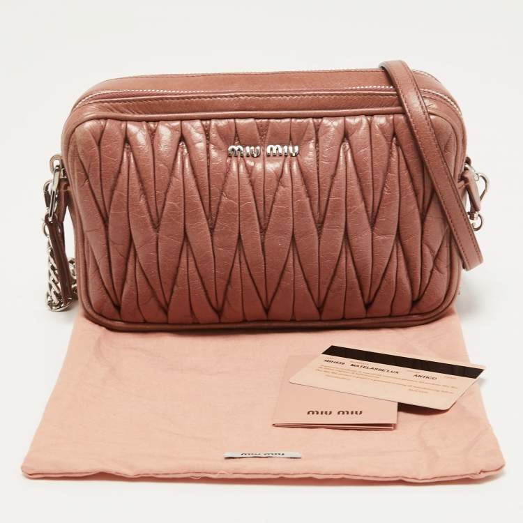 Pre Owned Miu Miu Dusty Pink Matelasse Lux Leather Double Zip Crossbody Bag
