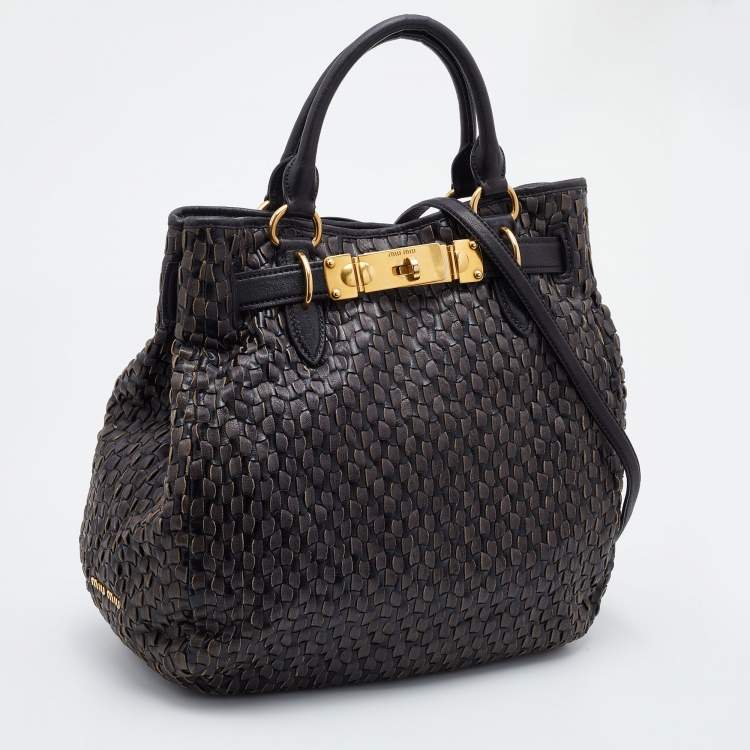Pre Owned Miu Miu Grey/Black Napa Leather Buckle Tote 