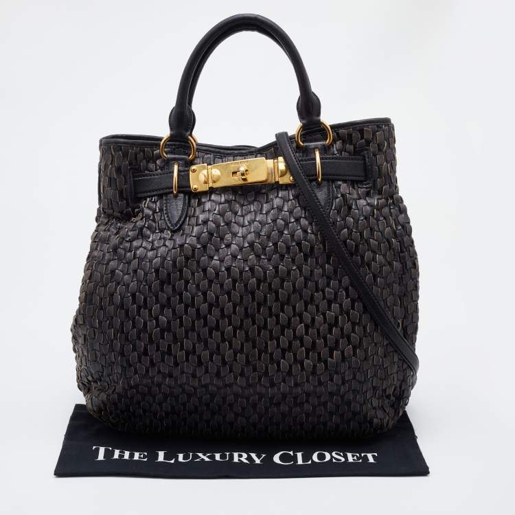 Pre Owned Miu Miu Grey/Black Napa Leather Buckle Tote 