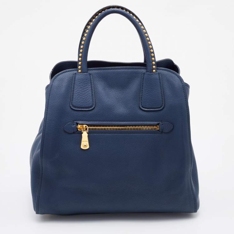 Pre Owned Miu Miu Blue Madras Leather Studded Handle Tote