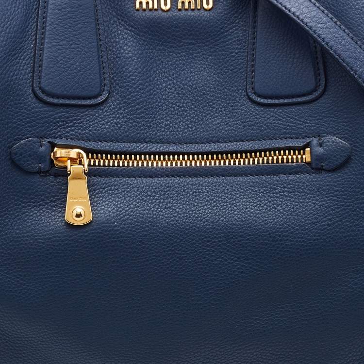 Pre Owned Miu Miu Blue Madras Leather Studded Handle Tote