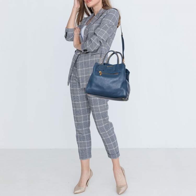 Pre Owned Miu Miu Blue Madras Leather Studded Handle Tote