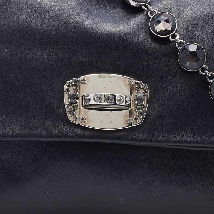 Pre Owned Miu Miu Black Leather Crystal Flap Shoulder Bag