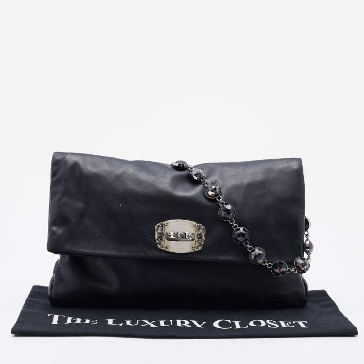 Pre Owned Miu Miu Black Leather Crystal Flap Shoulder Bag