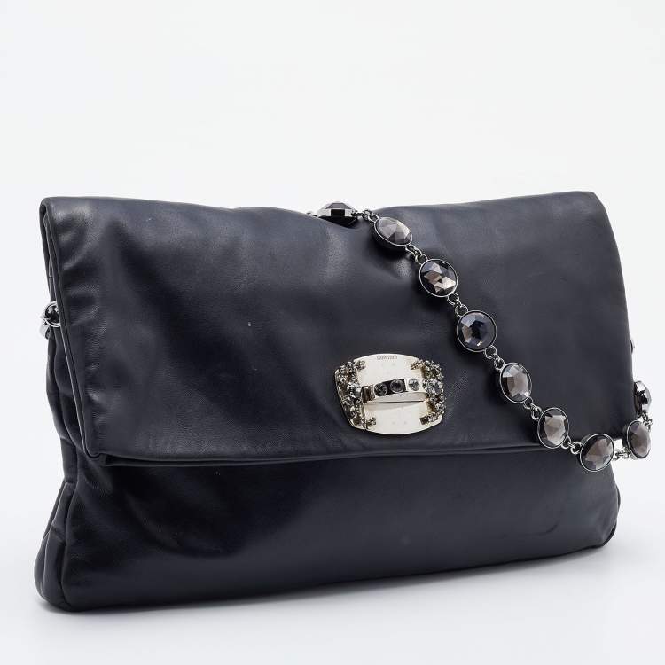 Pre Owned Miu Miu Black Leather Crystal Flap Shoulder Bag