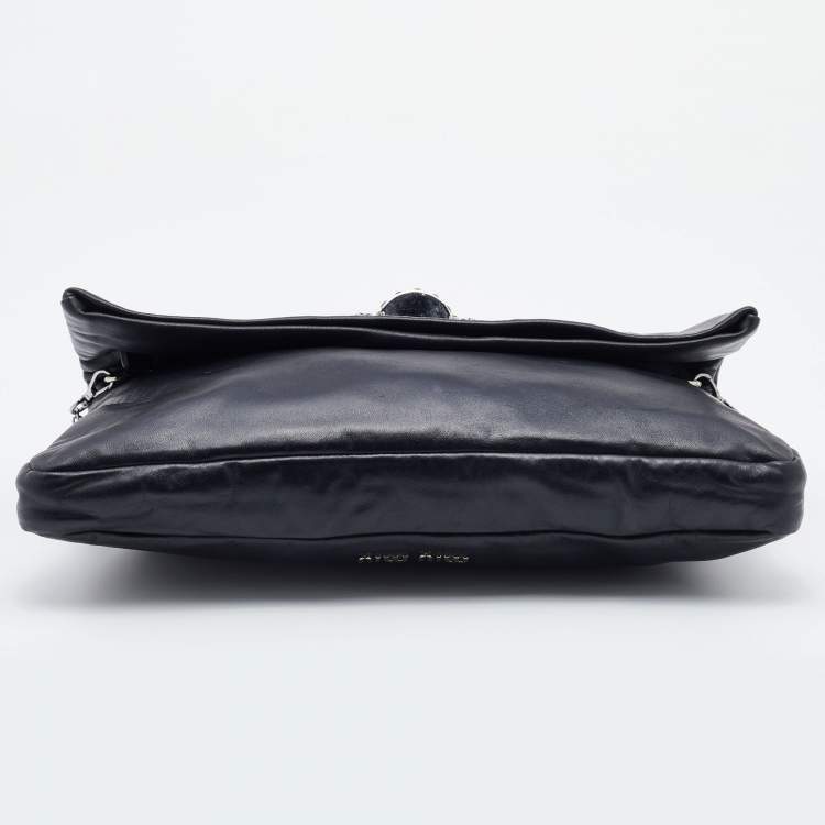 Pre Owned Miu Miu Black Leather Crystal Flap Shoulder Bag