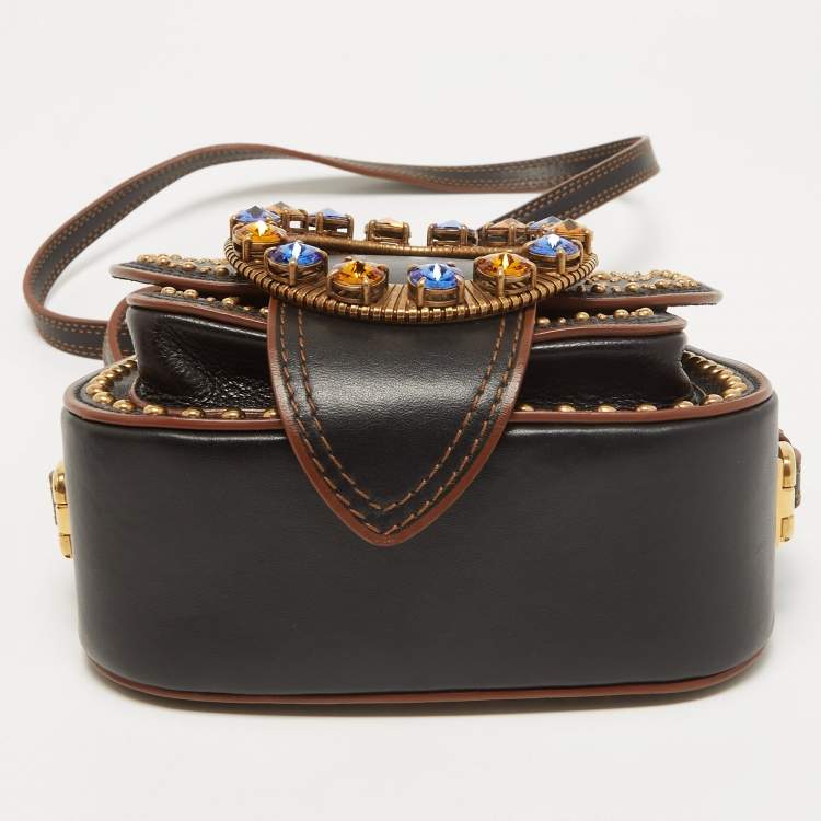 Pre Owned Miu Miu Black Leather Crystal Embellished Dahlia Crossbody Bag