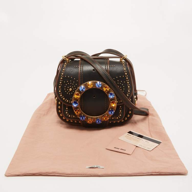 Pre Owned Miu Miu Black Leather Crystal Embellished Dahlia Crossbody Bag