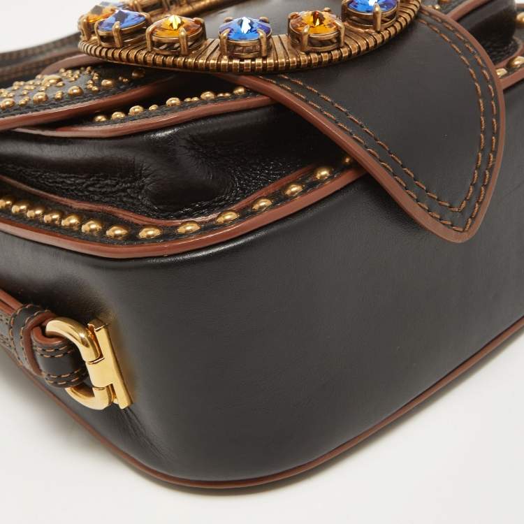 Pre Owned Miu Miu Black Leather Crystal Embellished Dahlia Crossbody Bag