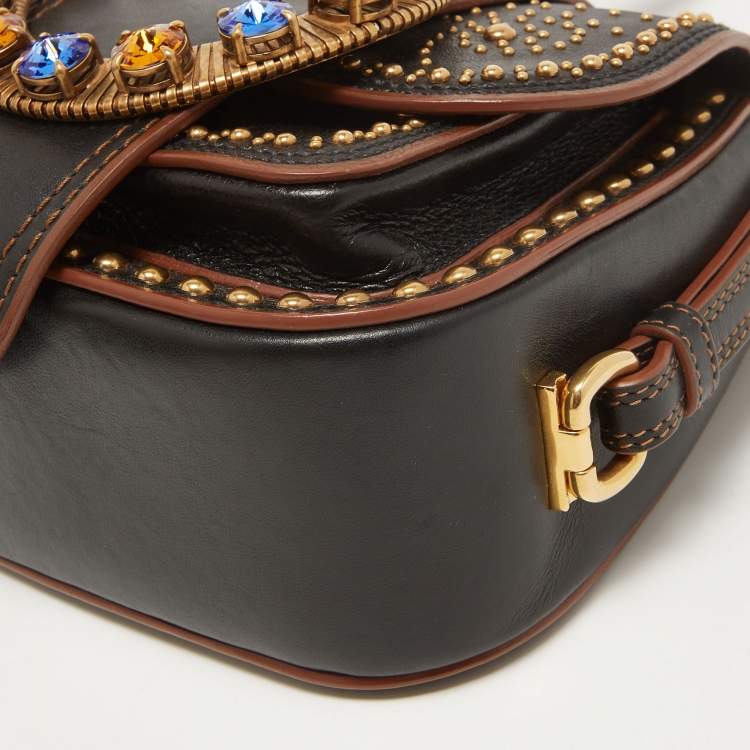 Pre Owned Miu Miu Black Leather Crystal Embellished Dahlia Crossbody Bag