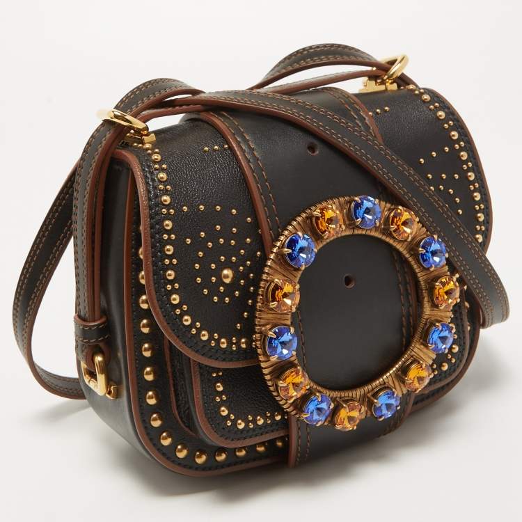 Pre Owned Miu Miu Black Leather Crystal Embellished Dahlia Crossbody Bag