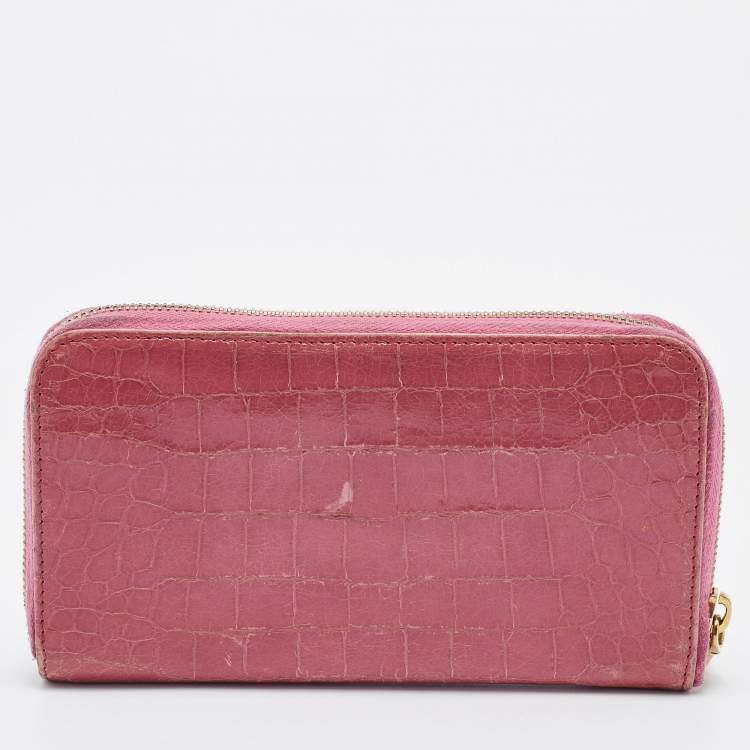 Pre Owned Miu Miu Pink Croc Embossed Leather Zip Around Wallet