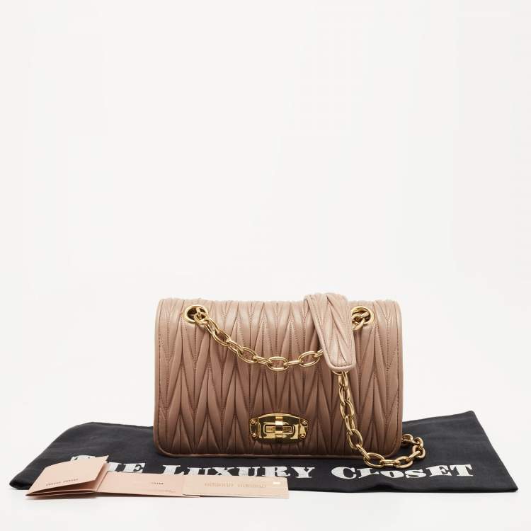 Pre Owned Miu Miu Beige Matelassé Leather Turnlock Flap Shoulder Bag