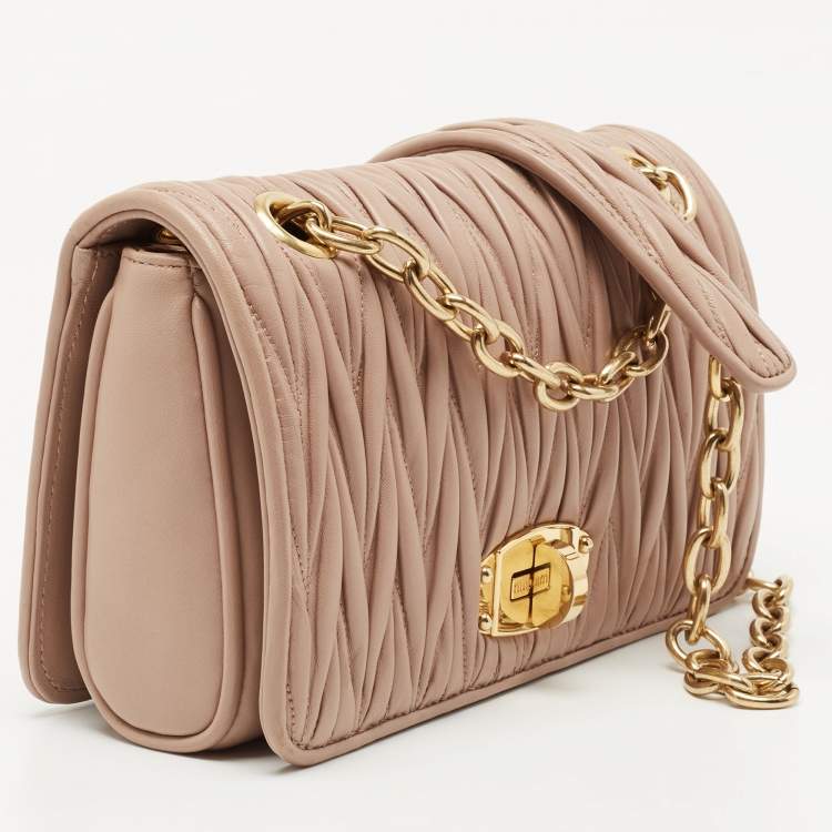 Pre Owned Miu Miu Beige Matelassé Leather Turnlock Flap Shoulder Bag