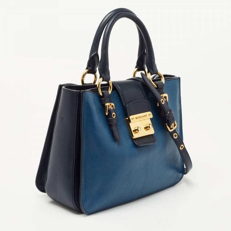 Pre Owned Miu Miu Two Tone Blue Madras Leather Pushlock Tote