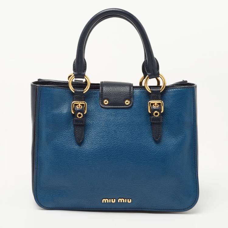 Pre Owned Miu Miu Two Tone Blue Madras Leather Pushlock Tote