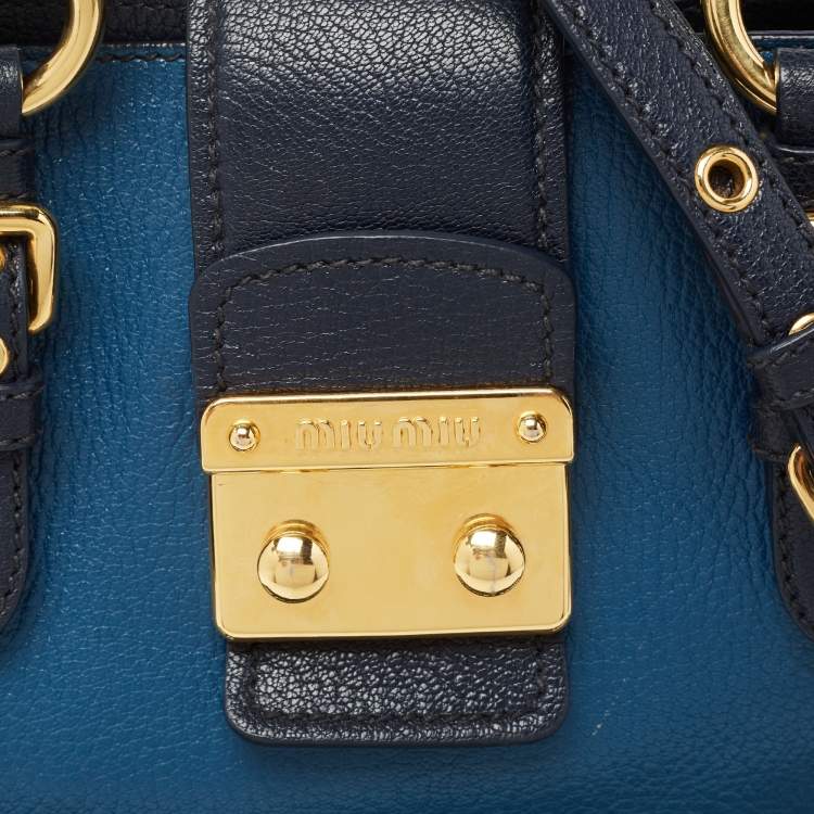Pre Owned Miu Miu Two Tone Blue Madras Leather Pushlock Tote