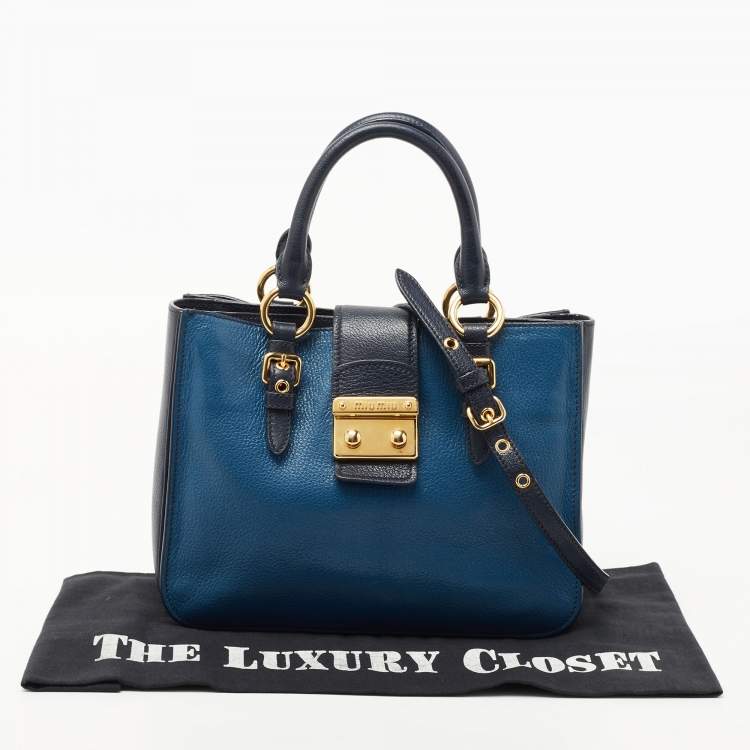 Pre Owned Miu Miu Two Tone Blue Madras Leather Pushlock Tote