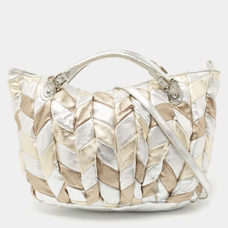 Pre Owned Miu Miu Silver/Gold Patchwork Leather Harlequin Tote