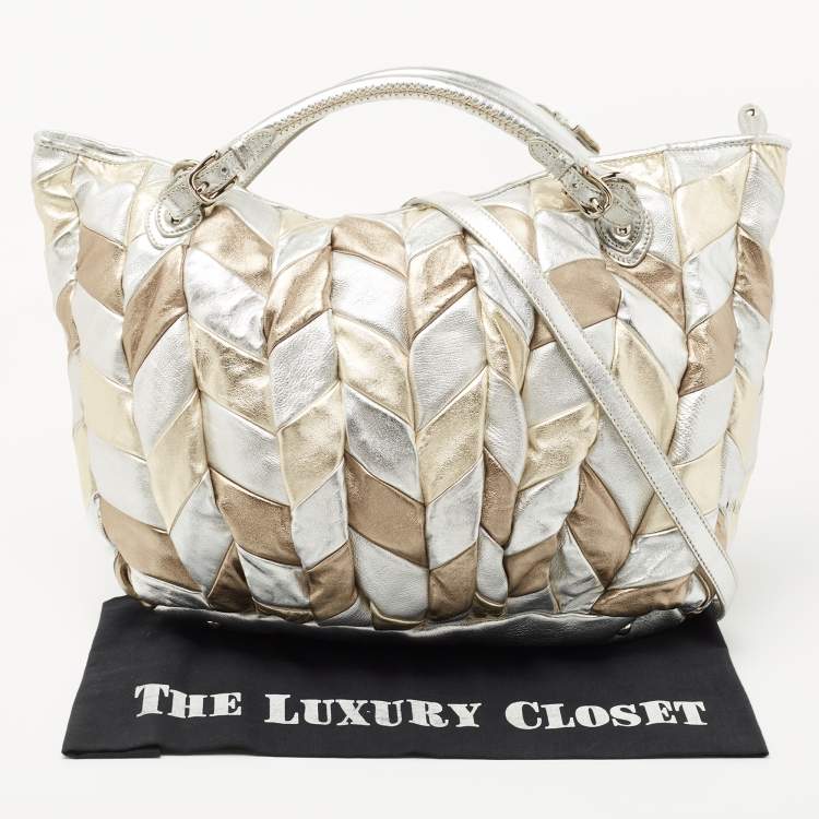 Pre Owned Miu Miu Silver/Gold Patchwork Leather Harlequin Tote