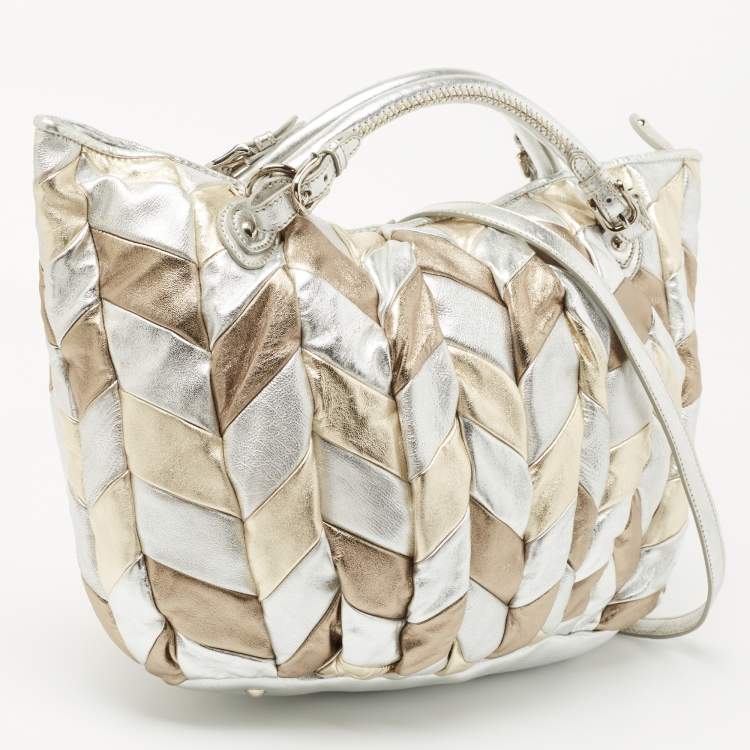 Pre Owned Miu Miu Silver/Gold Patchwork Leather Harlequin Tote