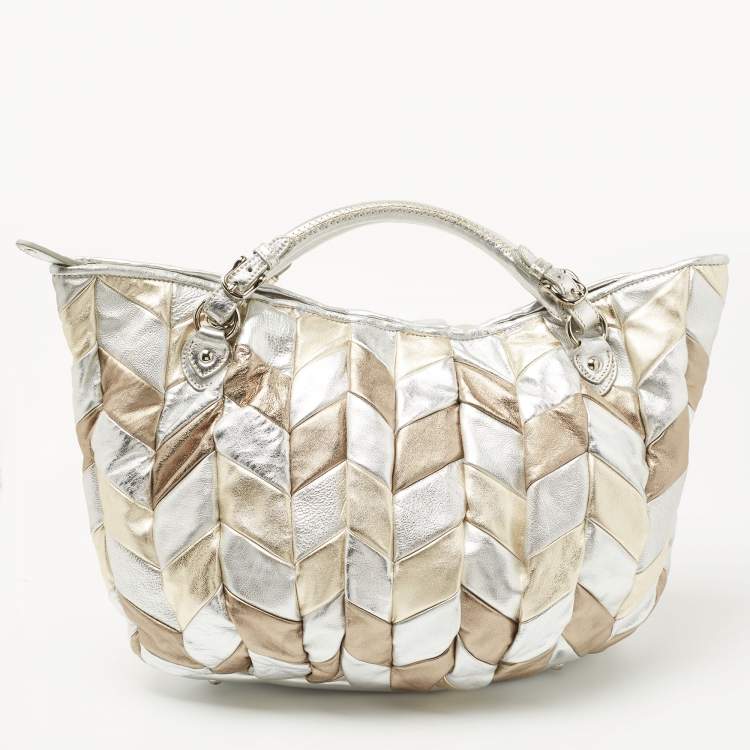 Pre Owned Miu Miu Silver/Gold Patchwork Leather Harlequin Tote