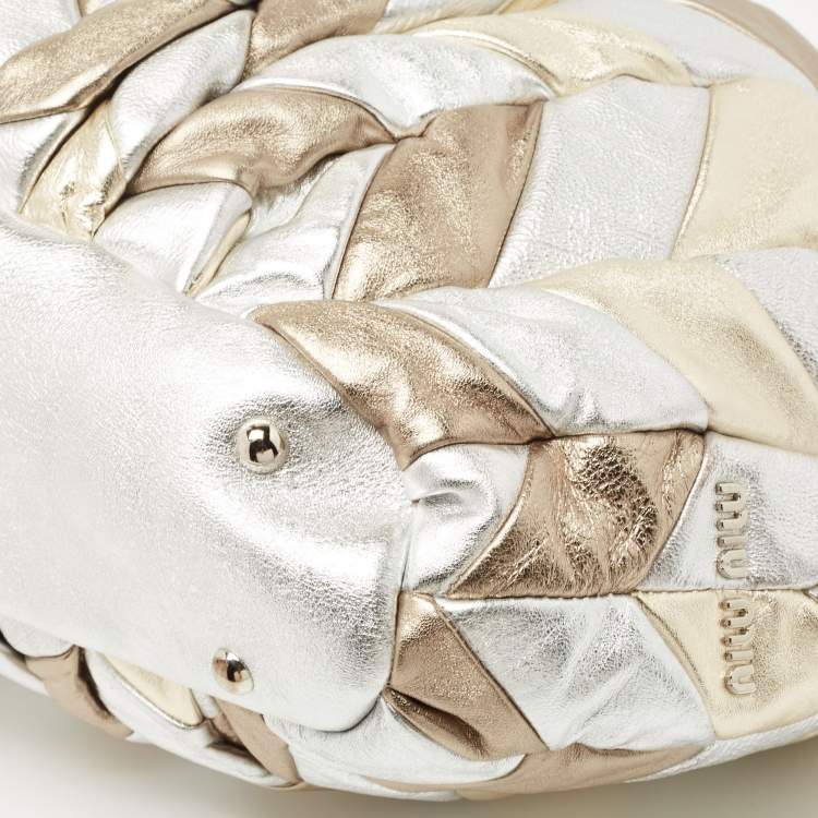 Pre Owned Miu Miu Silver/Gold Patchwork Leather Harlequin Tote