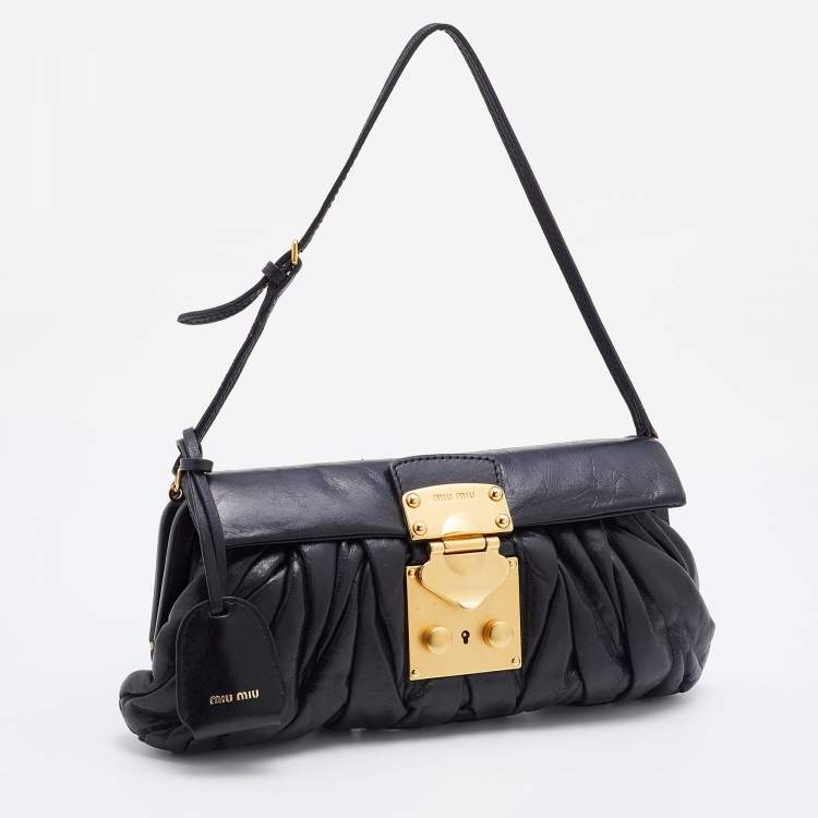 Pre Owned Miu Miu Black Matelasse Leather Pushlock Clutch Bag